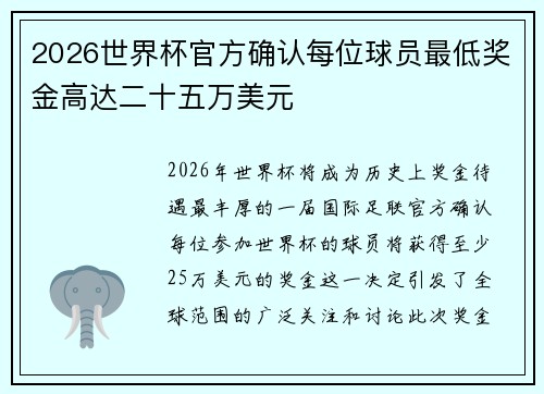 2026世界杯官方确认每位球员最低奖金高达二十五万美元 2026世界杯官方确认每位球员最低奖金高达二十五万美元
